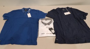 14 X PIECE MIXED BRAND NEW LOT CONTAINING 6 BRAVE SOUL MEN'S FRANK SHORT SLEEVE SHIRTS SIZE M , THREADBARE COBALT BLUE POLO TOP SIZE 2 L , 2 XL , THREADBARE NAVY T SHIRT 4 XL , TOTAL £270