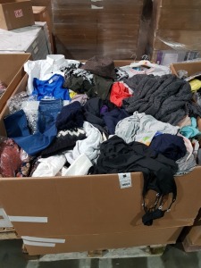 FULL PALLET OF MIXED CLOTHING THIS INCLUDES JEANS , T-SHIRT'S , SKIRTS MEN'S WOMEN'S UNDERWEAR , DRESSES , CAPS ,JUMPER'S , ETC ALL IN DIFFERENT SIZES.IN A LARGE BOX