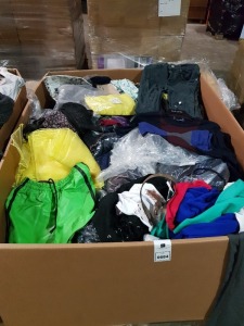 FULL PALLET OF MIXED CLOTHING THIS INCLUDES JEANS , T-SHIRT'S , SKIRTS MEN'S WOMEN'S UNDERWEAR , DRESSES , CAPS ,JUMPER'S , ETC ALL IN DIFFERENT SIZES. IN A LARGE BOX