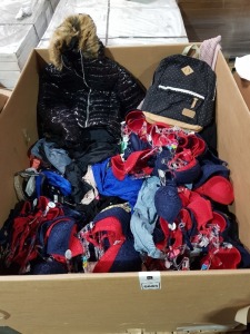 HALF PALLET OF MIXED CLOTHING THIS INCLUDES JEANS , T-SHIRT'S , SKIRTS MEN'S WOMEN'S UNDERWEAR , DRESSES , CAPS ,JUMPER'S , ETC ALL IN DIFFERENT SIZES. IN A LARGE BOX