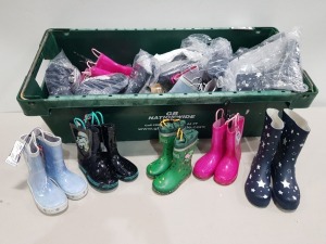 17 X PAIRS OF MIXED KIDS WELLINGTON'S CONTAINING STAR WARS SIZE 2/34 , NAVY BLUE WITH STAR'S SIZE 4 , UNICORN WELLIES SIZE 7/25 , DISNEY FROZEN 13/31.5 , DISNEY PRINCESS SIZE 12/30.5 ETC IN A BIG TRAY (TRAY NOT INCLUDED).