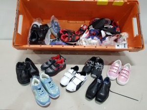 25 X PAIRS OF MIXED KIDS BOOT'S CONTAINING SPIDERMAN SIZE 10 , DISNEY FROZEN C13 , BATMAN SIZE C11 , GG GIORGIO SLIP ON SCHOOL BOOTS , PUMA BLACK AND WHITE VELCRO STRAP BOOT'S SIZE 10 ETC IN A BIG TRAY (TRAY NOT INCLUDED).