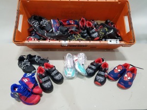 25 X PAIRS OF MIXED KIDS BOOT'S CONTAINING SPIDERMAN SIZE 10 , BATMAN SIZE 2/34 , LIGHTNING MCQUEEN SIZE C6 , JET BABOLAR IN RED AND BLUE SIZE 1/33 CHUNKY SOLE LACE UP RUNNE IN PURPLE BLUE RED SIZE 7 ETC IN A BIG TRAY (TRAY NOT INCLUDED).