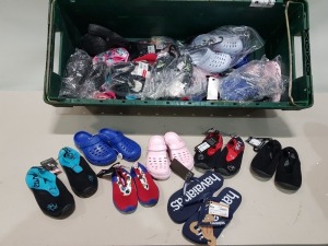 36 X PAIRS OF MIXED KIDS BOOT'S / CROCS CONTAINING HOT TUNA SPLASHER ST BOOTS IN GREEN/BLACK SIZE 6 , MARVEL SLIP ON BOOTS SIZE 29 , HOT TUNA CLOGG'S IN BLUE SIZE 33 , HOT TUNA CLOGG'S IN PINK SIZE 33 ETC IN A BIG TRAY (TRAY NOT INCLUDED).