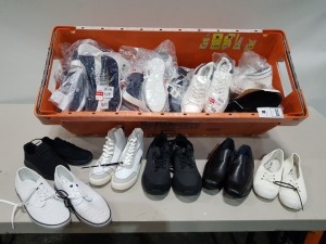 30 X PAIRS OF MIXED ADULT BOOT'S CONTAINING SOVIET BUX VAMP BOOTS IN WHITE/NAVY SIZE 11 , WIDE FIT LACE UP TRAINER'S WHITE/RED SIZE , 6 , FABRIC IN BLACK SIZE 2/34 , SPORTY BALLERINA IN NAVY SIZE 7 ETC IN A BIG TRAY (TRAY NOT INCLUDED).