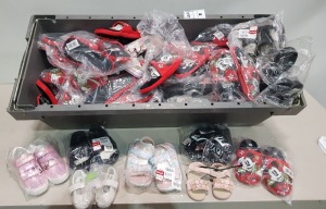 50 X PAIRS OF MIXED KIDS TRAINERS / SLIPPERS CONTAINING MICKEY MOUSE SLIPPERS IN RED SIZE SMALL , NEXT PINK TRAINERS SIZE 2 , BACK SANDALS SIZE 4 , WHITE PUMPS SIZE 9/27 ETC IN A BIG TRAY (TRAY NOT INCLUDED).