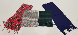 100+ MIXED CASHMAIRE 100% ACRYLIC SCARFS IN RED , GREEN, DARK GREEN , CHECKERED , AND STRIPS OF SILK/CLOTH IN VARIOUS COLOURS