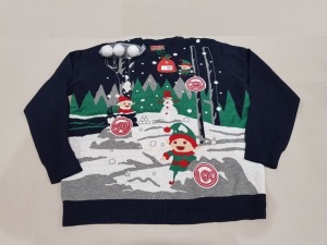 1O X SNOWBALL ELF FIGHT NOVELTY INK BLUE CHRISTMAS JUMPERS SIZES SMALL =3, MEDIUM =1, LARGE =3, XXL =3