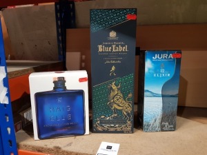 3 X BRAND NEW ALCOHOL LOT CONTAINING JOHNNIE WALKER BLUE LABEL BLENDED SCOTCH WHISKY LIMITED EDITION DESIGN THE YEAR OF THE OX RRP £205 , HAIG CLUB SINGLE GRAIN SCOTCH WHISKY RRP £42.99 , JURA SINGLE SCOTCH WHISKY FRUITY & SPICY RRP£34.79.