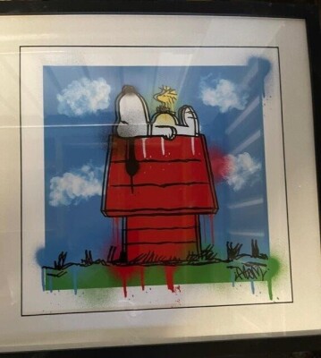 5 X CARTOON CHARACTER STYLE FRAMED GRAFITTI ARTWORK IE. 2 X SNOOPY ON A KENNEL, 2 X BLAH-BLAH-BLAH CAT BY ATOM, GREEN HOMER SIMPSON WITH LOOKING GLASS **COLLECTION FROM CROYDON BY 26TH JANUARY 2024 - NO PACKAGING SERVICE AVAILABLE**