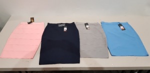 100 PIECE BRAND NEW LOT CONTAINING MIXED SIZES AND COLOURS OF BGDK BANDAGE SKIRTS IN WHITE , BLUE , MINT , PINK , LIGHT GREY , NAVY & YELLOW SIZES RANGE FROM XS TO XXL IN TWO BOX'S