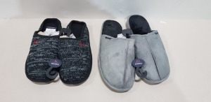 8 X PIECE MIX LOT CONTAINING MEN'S SLIPPERS 4 MEN'S CASWELL SLIPPERS WITH BLACK WITH GREY KNITTED PATTERN TO THE FRONT IN UK 7-8 , 4 MEN'S MALSOR SLIPPERS WITH SOFT FAUX FUR LINING 1 UK 9-10 , 3 UK 11-12 RRP £29.99 - TOTAL £319.92