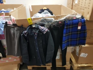 400+ BRAND NEW MIXED SCHOOL WEAR LOT CONTAINING GIRLS SKIRTS IN RED AND BLUE CHEQUERED AND BLUE AND BLACK CHEQUERED AND GREEN AND GREY SIZES IN 26 , 30 , 20 , SCHOOL COAT IN BLACK SIZES 32 , SCHOOL TROUSERS IN BLACK SIZES 22 REG ETC IN ONE LARGE BOX ON A 