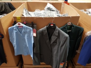 400+ BRAND NEW MIXED SCHOOL WEAR LOT CONTAINING BLAZERS IN GREEN AND GREY SIZE'S 48 , 41 , REVER COLLAR GIRLS SHAPED SLEEVE BLOUSE IN BLUE SIZE 32 , GIRL'S SKIRTS IN GREY SIZE 26 ETC IN ONE LARGE BOX PALLET