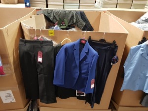 400+ BRAND NEW MIXED SCHOOL WEAR LOT CONTAINING SCHOOL TROUSERS IN BLACK AND NAVY BLUE SIZE 7-8 , 9-10 , BLAZERS IN BLACK AND BLUE SIZE 26 , 34 , 30 , JUNIOR GROSGRAIN BOOTCUT TROUSER WITH BACK ELASTIC IN BLACK SIZE 7-8 ETC IN ONE LARGE BOX PALLET