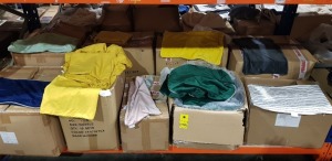 LARGE QUANTITY OF MIXED BRAND NEW LOT CONTAINING RHOOOM CUSHION COVER'S IN BLUE WHITE BLACK AND YELLOW , HEAD REST COVER IN GREEN , BED SHEET'S IN YELLOW , BLACK AND WHITE LINED CUSHION COVER %100 COTTON ETC ON A FULL BAY IN 9 BOXES,