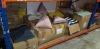 LARGE QUANTITY OF MIXED BRAND NEW LOT CONTAINING TRIANGULAR PINK AND BLUE CUSHIONS , RHOOM CUSHION COVERS IN BLACK AND WHITE YELLOW AND GREEN , LARGE PLASTIC BLACK MAILING BAGS ETC ON A FULL BAY IN 7 BOXES