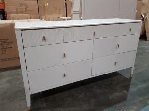 1 X DILETTA DRESSING CHEST WITH 7 DRAWERS TOP 3 DRAWERS RIBBED - IN STONE WHITE COLOUR ( W 165 CM X D 50 CM X H 93 CM ) ( PLEASE NOTE HIS IS CUSTOMER RETURN )