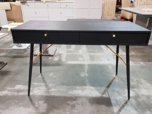 1 X BARCELONA CONSOLE 2 DRAWER DESK IN BLACK AND COPPER COLOUR ( W 120 CM X D 49 CM X H 76 CM ) ( NOTE THIS IS CUSTOMER RETURN - SLIGHT CRACK ON BACK AND RIGHT SIDE ( NOT VERY VISIBLE )