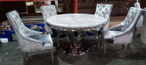 1 X ARTURO ROUND MARBLE TOP DINING TABLE WITH 4 SILVER VELVET BUTTONED BACK CHAIRS ( DIAMETER 130 CM - HEIGHT 78 CM) (PLEASE NOTE CUSTOMER RETURNS )