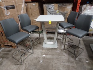 1 X LAZZARO BAR TABLE IN LIGHT GREY WITH 4 DARK GREY BAR STOOLS ( L 80 CM X W 80 CM X H 100 CM ) ( PLEASE NOTE THIS IS CUSTOMER RETURN )