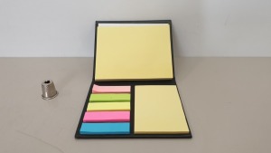 104 X BRAND NEW DESK BUDDY POST IT HOLDERS - WITH 2 YELLOW POST IT STYLE PADS AND 5 COLOURED PAGE MARKERS WITH BLACK COVER - IN ONE BOX