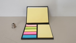 104 X BRAND NEW DESK BUDDY POST IT HOLDERS - WITH 2 YELLOW POST IT STYLE PADS AND 5 COLOURED PAGE MARKERS WITH BLACK COVER - IN ONE BOX