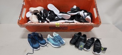 25 X PAIRS OF KIDS SHOES CONTAINING DEMIX RUNNING SHOES IN VARIOUS SIZES / DEMIX RAY MIDS SHOES SIZE EU 36 / DEMIX FLOW PLUG SHOES SIZE EU 37 - ETC - IN A BIG TRAY ( TRAY NOT INCLUDED )