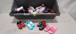 25 X PAIRS OF MIXED KIDS SHOES CONTAINING SPIDERMAN SIZE 1/33 , DISNEY CARS SIZE C11/29 , DISNEY FROZEN SIZE 1/33 , DISNEY MINNIE MOUSE LIGHT UP SHOES , SOULCAL & CO IN GREY AND BLACK SIZE 2/34 ETC - IN A BIG TRAY (TRAY NOT INCLUDED).