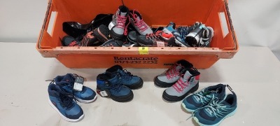 12 X PAIRS OF MIXED KIDS BOOTS CONTAINING CLIMA PROTECT SNOW BOOTS IN GREY , SIZE 36 ,CMP WATERPROOF BOOTS IN BLACK AND BLUE , SIZE 33, DEMIX BOOTS IN BLUE SIZE 38 , KARRIMOR BOOTS IN BLUE AND GREEN SIZE 7 ETC - IN A BIG TRAY (TRAY NOT INCLUDED).