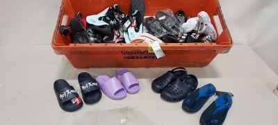 40 X PAIRS OF MIXED KIDS SHOES CONTAINING HOT TUNA CLOGGS IN CAMO SWIRL SIZE C12 , HOT TUNA CLOGGS IN WHITE/RAINBOW SIZE UK2 , SOULCAL & GO BLACK/EMOJI SYMBOLS SIZE 1/33 , EVERLAST GODAN SLIDERS IN PALE PINK SIZE 5/38 ETC - IN A BIG TRAY (TRAY NOT INCLUD