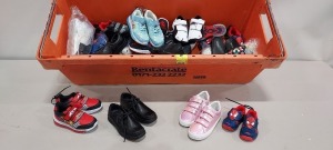 25 X PAIRS OF MIXED KIDS SHOES CONTAINING SPIDERMAN SIZE 10 , DISNEY FROZEN C13 , BATMAN SIZE C11 , GG GIORGIO SLIP ON SCHOOL BOOTS , PUMA BLACK AND WHITE VELCRO STRAP BOOT'S SIZE 10 ETC -IN A BIG TRAY (TRAY NOT INCLUDED).