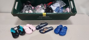 36 X PAIRS OF MIXED KIDS BOOT'S / CROCS CONTAINING HOT TUNA SPLASHER ST BOOTS IN GREEN/BLACK SIZE 6 , MARVEL SLIP ON BOOTS SIZE 29 , HOT TUNA CLOGG'S IN BLUE SIZE 33 , HOT TUNA CLOGG'S IN PINK SIZE 33 ETC IN A BIG TRAY (TRAY NOT INCLUDED).