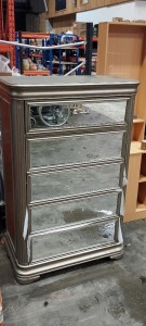 1 X JESSICA 5 MIRRORED DRAWER TALL CHEST SIZE 90X48X140CM PLEASE NOTE CUSTOMER RETURNS