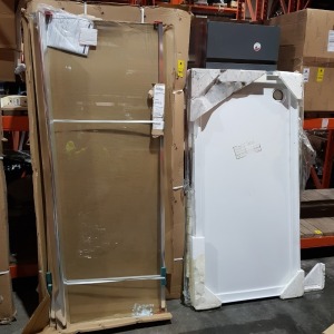 1X BRAND NEW COMPLETE BATHROOM SHOWER CORNER SET - 1X SHOWER TRAY 1600 X 800MM - 1X GLASS SLIDING DOOR 1900 X 1600MM 1X GLASS SIDE PANEL 1900 X 800MM - ALL BRACKETS INCLUDED (PLEASE NOTE PACKAGING WATER DAMAGED)