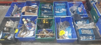 10 TRAYS MIXED LOT CONTAINING DEE SHACKLE'S , METAL GRINDING DESK'S , CLAMP FITTINGS , POWER EXTENSION'S , DS DRILL BITS IN DIFFERENT SIZE'S , LARGE AMOUNT OF NUTS AND BOLTS ETC (NOTE TRYS NOT INCLUDED )