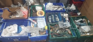 10 TRAYS MIXED LOT CONTAINING RATCHET'S, U -SHAPED SCREW'S, METAL GRINDING DESK'S , CLAMP FITTINGS , , DS DRILL BITS IN DIFFERENT SIZE'S , RIVET GUN PROFESSIONAL AIR RIVETER, LARGE AMOUNT OF NUTS AND BOLTS ETC (NOTE TRYS NOT INCLUDED )`