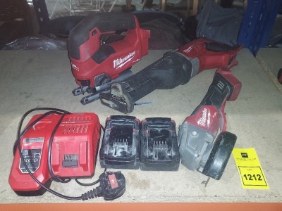 6 PIECE MILLWAKEE TOOL LOT CONTAINING ANGLE GRINDER , CORDLESS JIGSAW , SAWZALL RECIPROCATING SAW TOOL , TWO BATTERIES AND ONE CHARGING STATION.