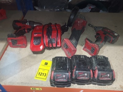 7 PIECE MILLWAKEE TOOL LOT CONTAINING 1 ANGLE GRINDER , 2 DRILL'S , 3 BATTERIES AND ONE CHARGING STATION.