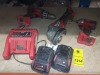 6 PIECE MILLWAKEE TOOL LOT CONTAINING 1 ANGLE GRINDER , 2 DRILL'S , TWO BATTERIES AND ONE CHARGING STATION.