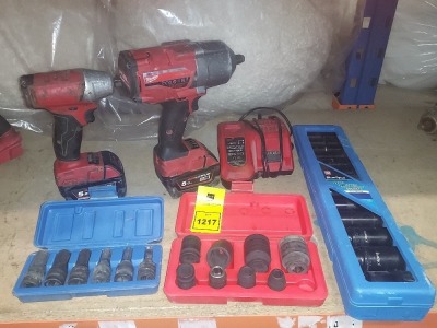 32 PIECE MILLWAKEE TOOL LOT CONTAINING ONE HIGH TORQUE 1/2 IMPACT WRENCH WITH FRICTION RING , 1M18 FUEL 3/8 SQUARE RING BRUSHLESS IMPACT WRENCH , IMPACT WRENCH NUTS , DEEP IN IMPACT SOCKETS TWO BATTERIES AND ONE CHARGING STATION.