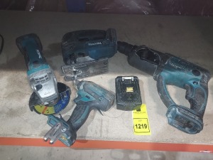 5 PIECE MAKITA TOOL LOT CONTAINING 1 ANGLE GRINDER , 1 HAMMER DRILL , 1 JIG SAW , 1 IMPACT DRIVER , 1 BATTERIE