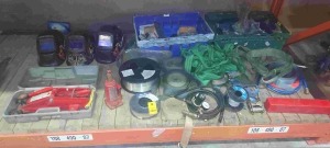 LARGE AMOUNT LIFTING AND WELDING EQUIPMENT THIS INCLUDES WELDING MASK'S , MILD STEEL MIG WELDING WIRE , CAR JACK HYDRAULIC , BOTTLE JACK , RATCHET STRAPS , NUTS AND BOLTS ETC ON HALF BAY