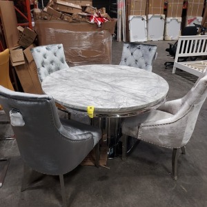 1X LLIANA MARBLE TOP DINING TABLE - SIZE 1300 MM - WITH 4X VELVET BUTTONED CHAIRS 2X LIGHT GREY 2X GREY PLEASE NOTE CUSTOMER RETURNS