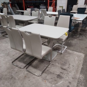 1X LAZZARO LIGHT GREY EXTENDABLE DINING TABLE 1200 - 1600MM - WITH 4X CREAM LEATHER LOOK CHAIRS PLEASE NOTE CUSTOMER RETURNS