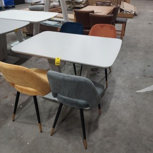 1X LAZZARO EXTENDABLE GREY DINING TABLE 1200- 1600 MM WITH 4X SUEDE STYLE CHAIRS IN VARIOUS COLOURS PLEASE NOTE CUSTOMER RETURNS