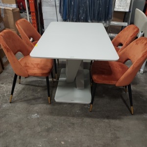 1X LAZZARO EXTENDABLE DINING TABLE 1200 - 1600MM WITH 4 X BURNT ORANGE SUEDE STYLE CHAIRS PLEASE NOTE CUSTOMER RETURNS