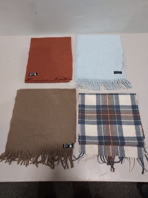 100 PIECE LOT CONTAINING 100% LAMBSWOOL WOVEN IN GREAT BRITAIN DRY CLEAN ONLY SCARFS IN CHEQUERED MULTI-COLOURED , BLUE , GREY , BROWN & GREEN ETC IN A LARGE BOX