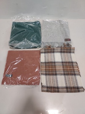 100 PIECE LOT CONTAINING 100% LAMBSWOOL WOVEN IN SCOTLAND SCARFS IN CHEQUERED MULTI-COLOURED , BLUE , GREY , BROWN & GREEN ETC IN A LARGE BOX