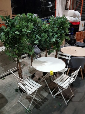 9 X PIECE GARDEN LOT CONTAINING 1 ROUND METAL TABLE SIZE ACROSS 80CM , H 75CM AND 4 WHITE METAL FOLDING CHAIRS , 4 LARGE DECORATIVE FAKE PLANTS